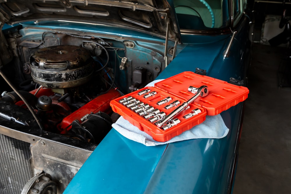 red and black car engine