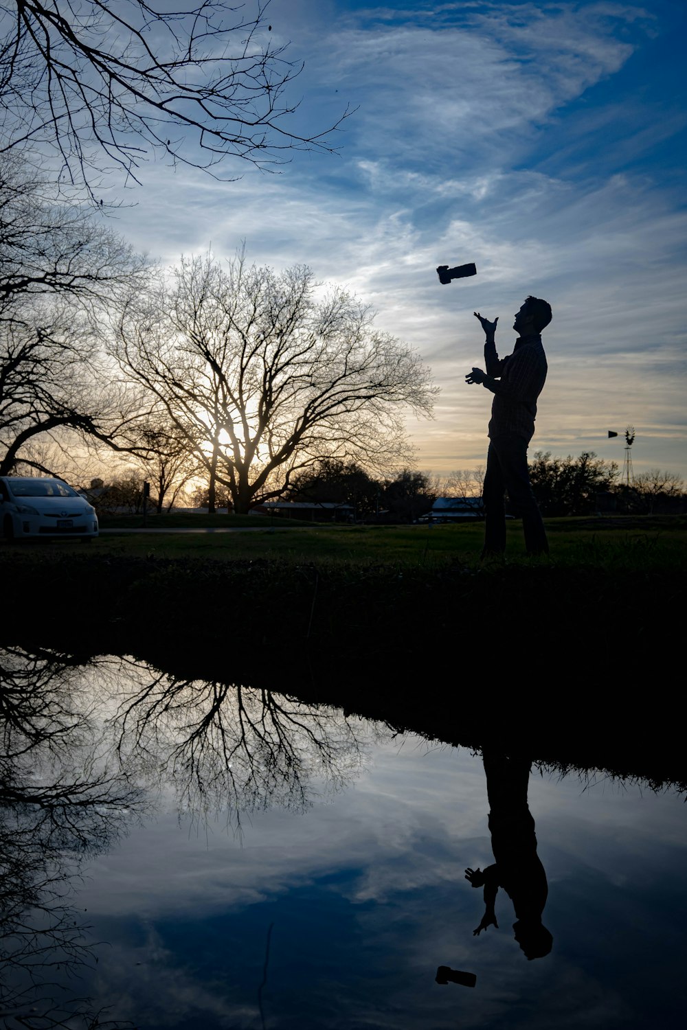 silhouette of man standing near bare trees during sunset