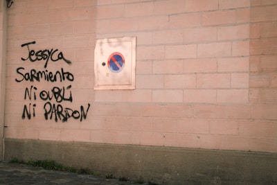 Graffiti in black spray paint is visible beneath a no-parking sign mounted on a light brick wall. The graffiti contains names and a phrase written in French.