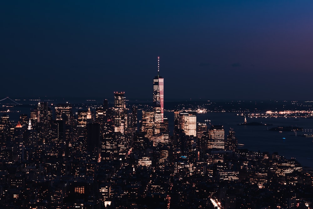 city skyline during night time