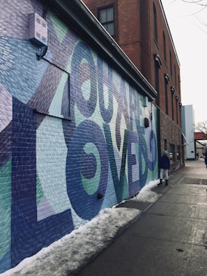 A colorful mural with large letters spelling out an inspirational message adorns the side of a brick building. The mural uses shades of blue, green, and purple. Snow lines the edge of the sidewalk, and a person wearing a blue jacket and hat is walking along the path.