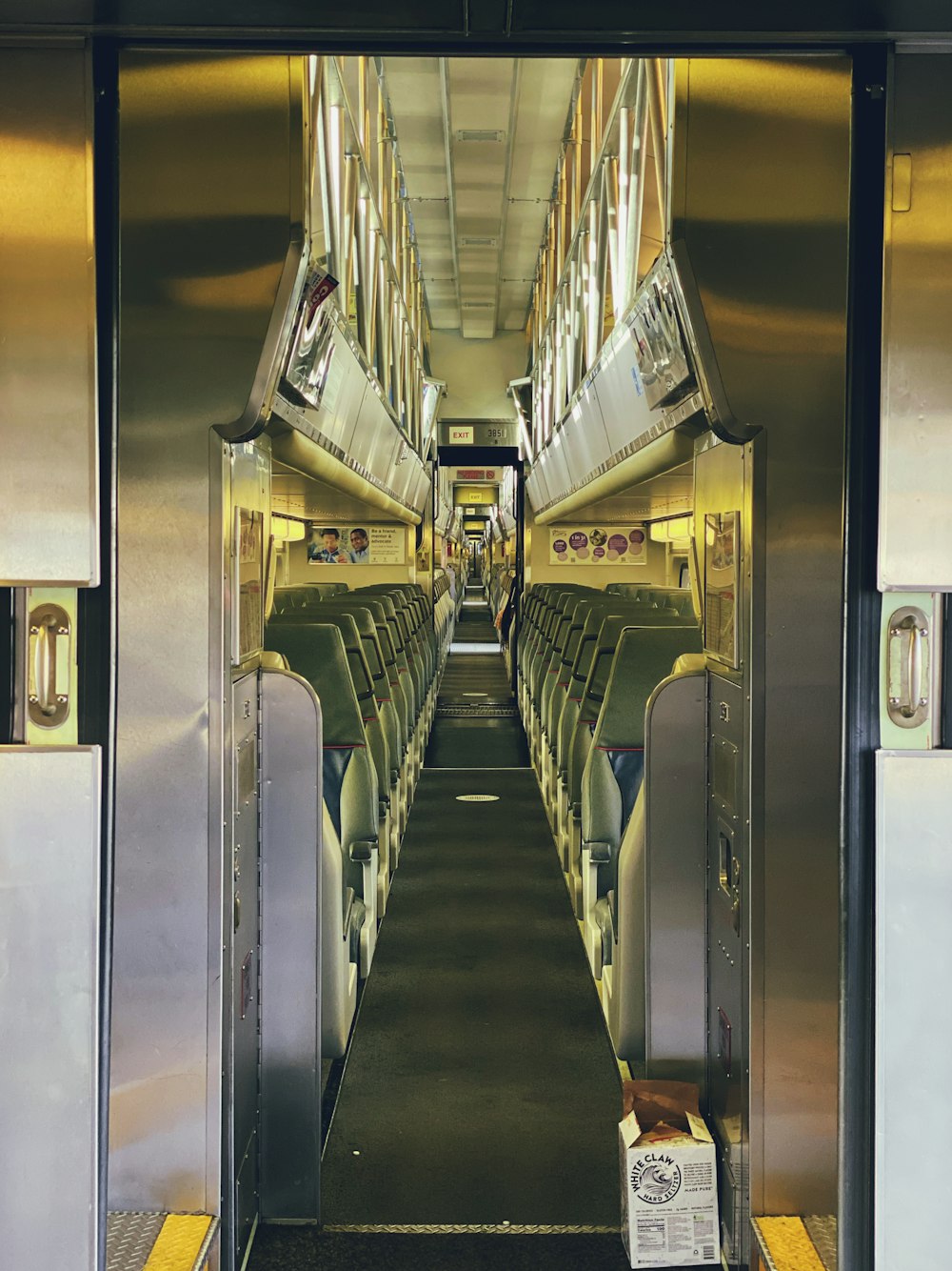 white and black train interior