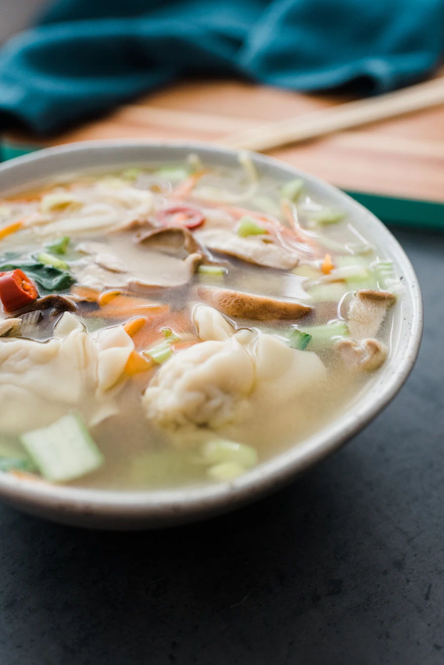 A bowl of chicken and vegetable soup