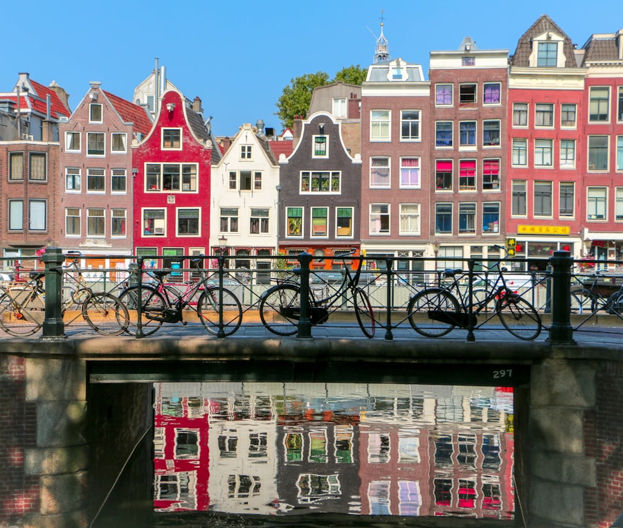 Aerial view of Amsterdam canals and historic houses at sunset