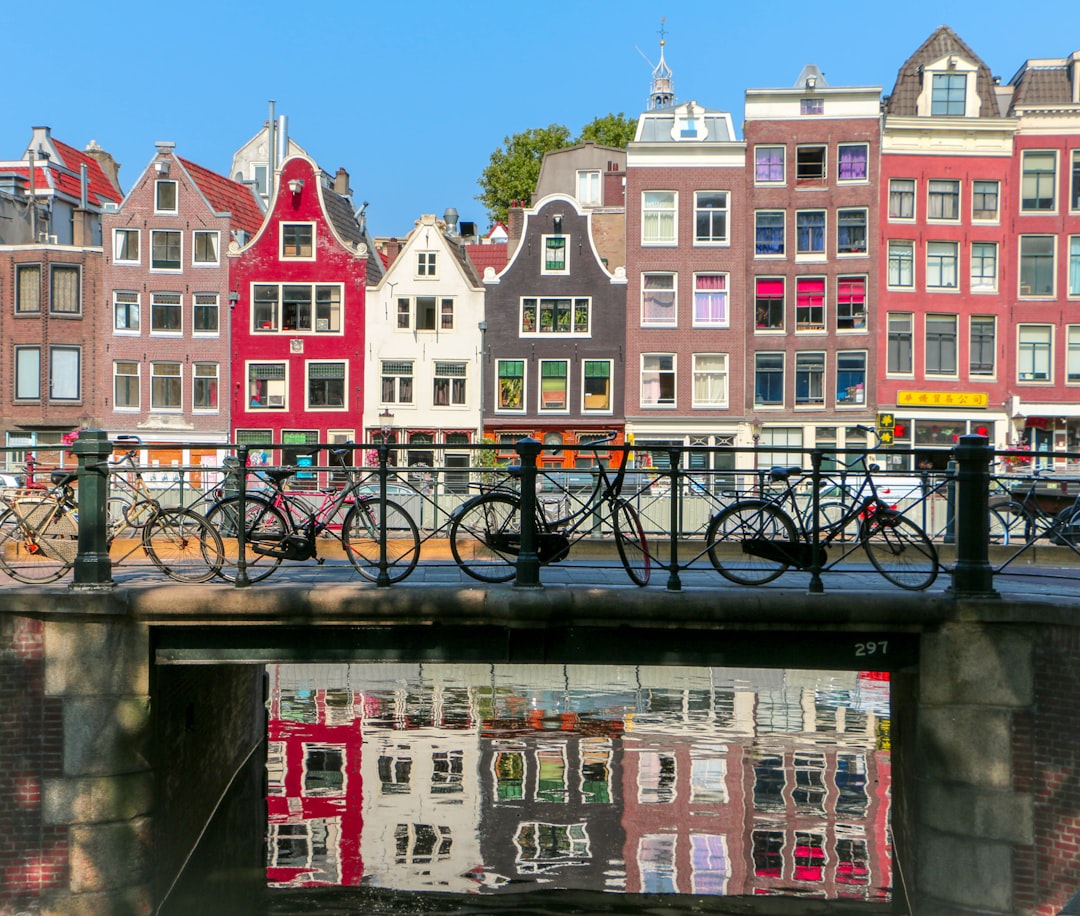 black bicycle leaning on black metal fence, Cycles on a bridge in Amsterdam