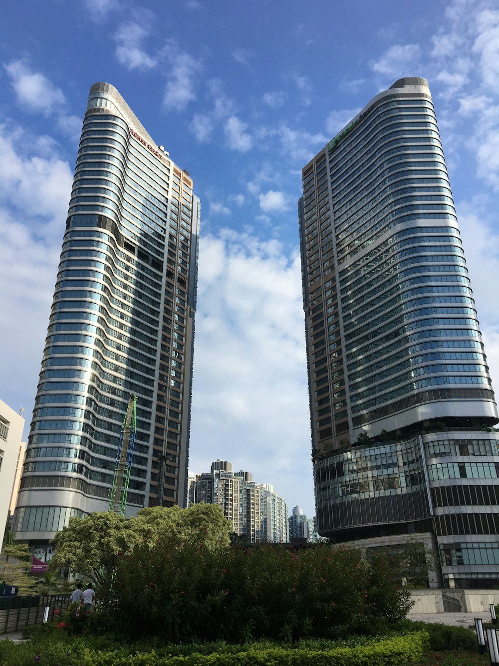 white and blue high rise building