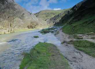 A serene blue-hued landscape featuring a winding trail through a sunlit national park.