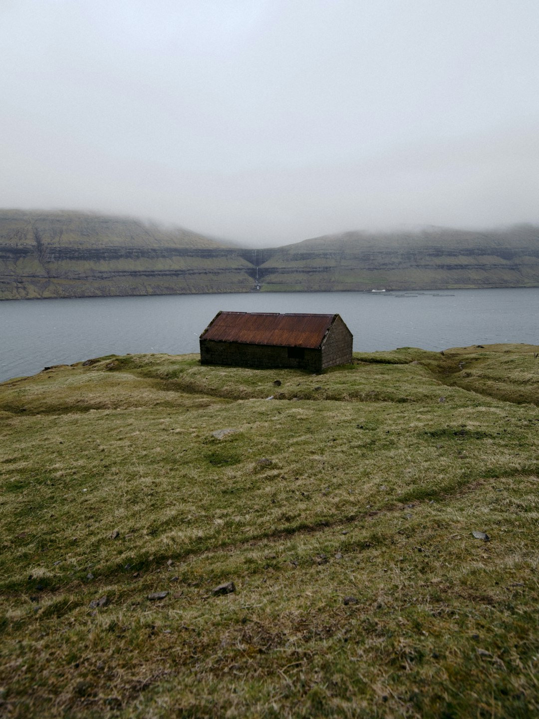 brown wooden house on green grass field near body of water during daytime