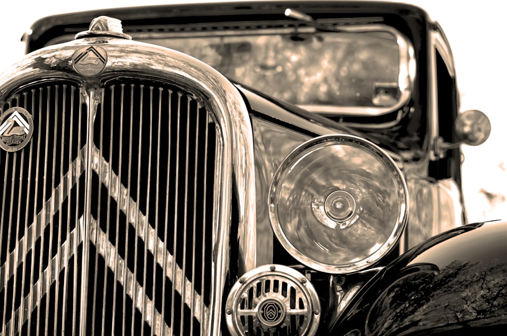 grayscale photo of classic car