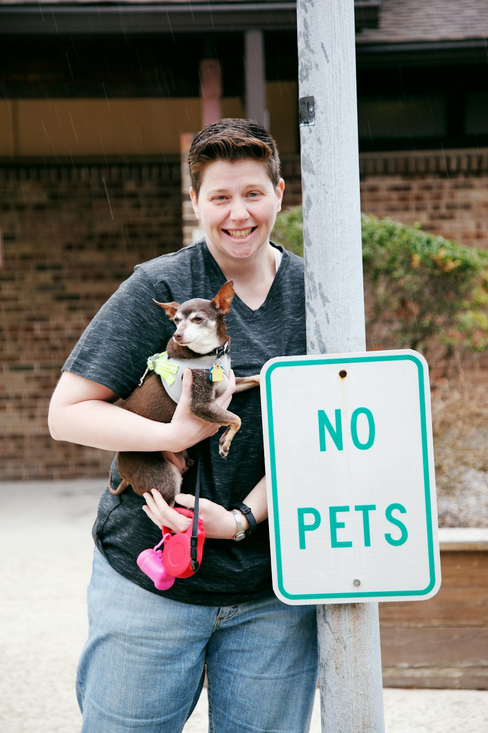 woman in black tank top carrying white and brown chihuahua puppy