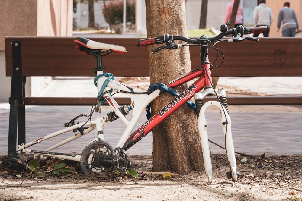 red and white bicycle beside brown wooden fence