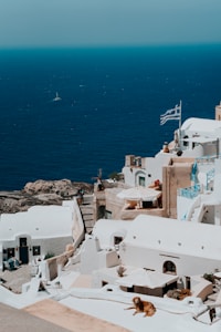 Whitewashed buildings with blue accents are perched on a hillside overlooking a deep blue sea. A Greek flag waves gently in the breeze, and there is a small dog resting in the foreground. A few people can be seen walking along the steps between the buildings.