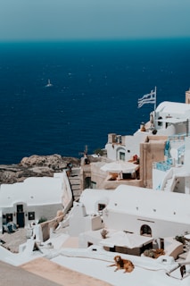 Whitewashed buildings with blue accents are perched on a hillside overlooking a deep blue sea. A Greek flag waves gently in the breeze, and there is a small dog resting in the foreground. A few people can be seen walking along the steps between the buildings.