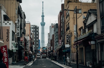 A bustling street scene in Tokyo blending tradition and modern life
