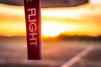 Close-up of a sleek black and blue aviation removal tag attached to aircraft equipment.