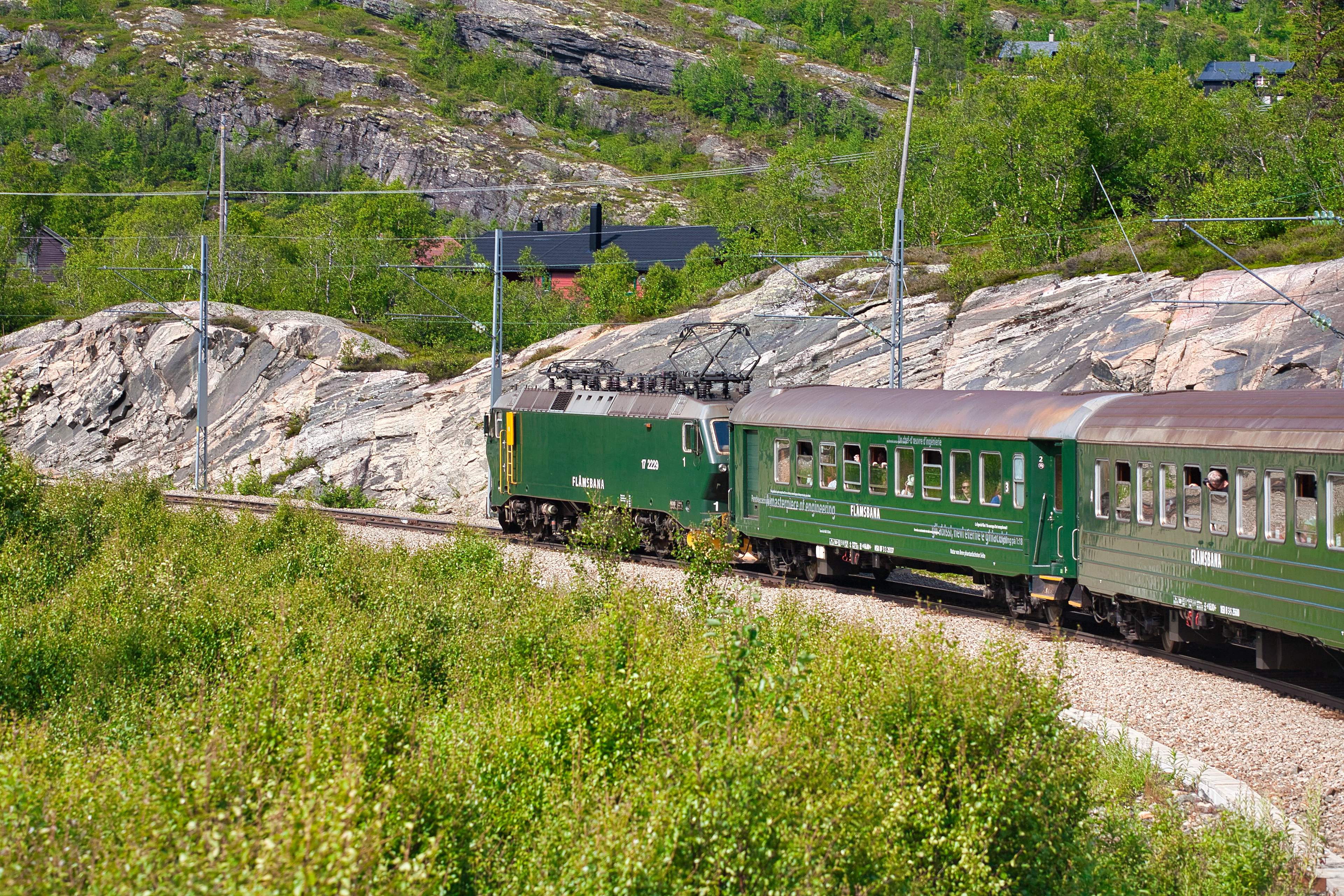 The green Flåm Railway train between rock and summer grass on the way from Myrdal to Flåm