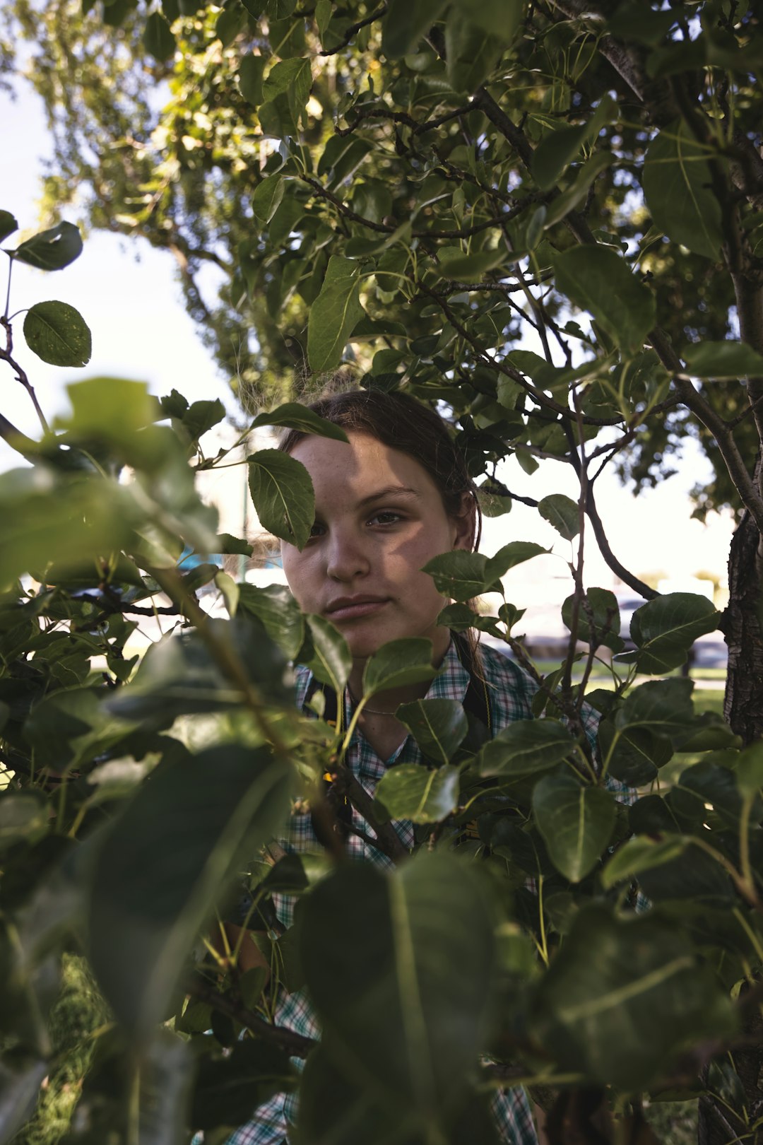 woman in green and black plaid shirt standing under green tree during daytime