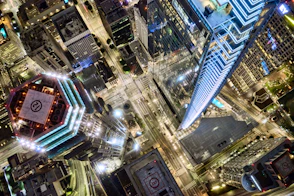 aerial view of city buildings during night time