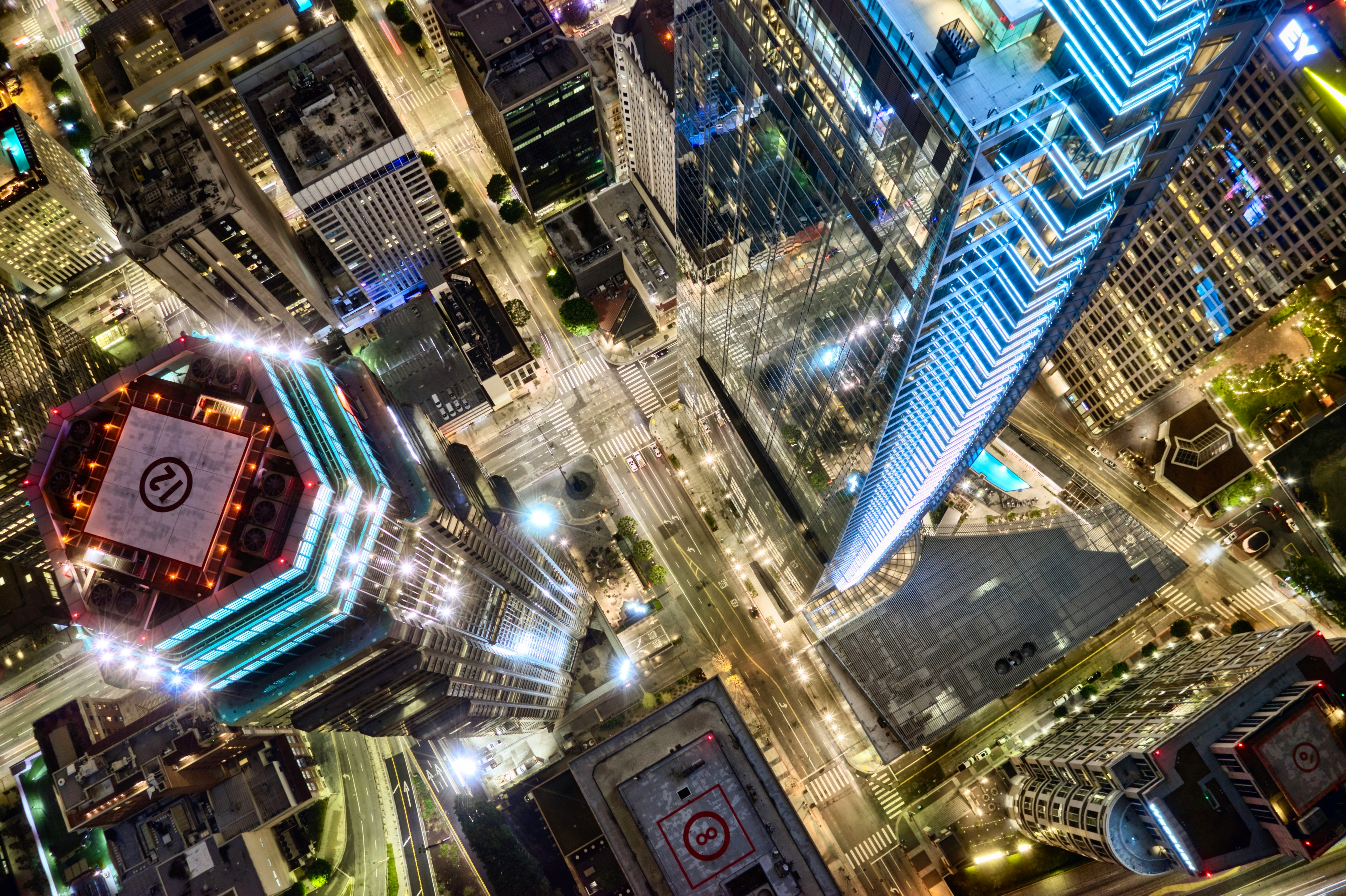 aerial view of city buildings during night time