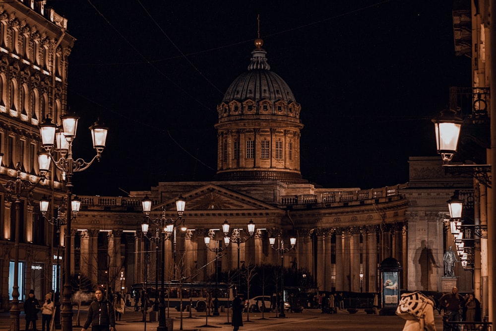 people walking on street near building during night time