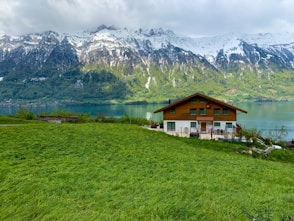 white and brown house near green grass field and mountain during daytime