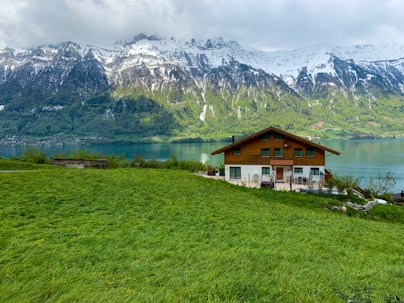 white and brown house near green grass field and mountain during daytime