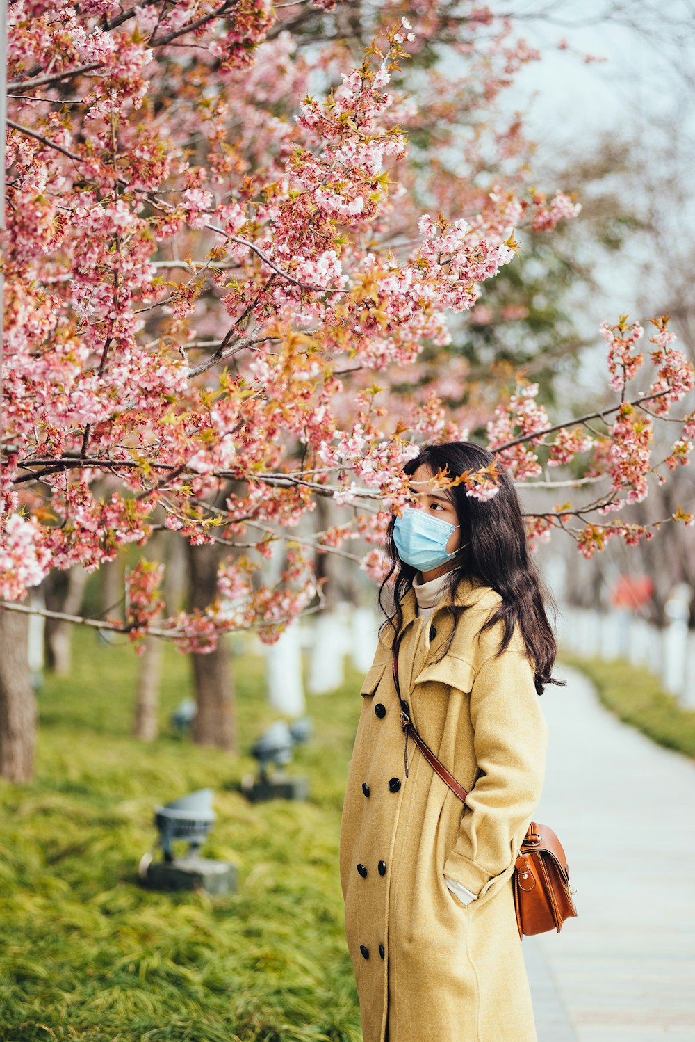 woman in brown coat standing under pink cherry blossom tree during daytime