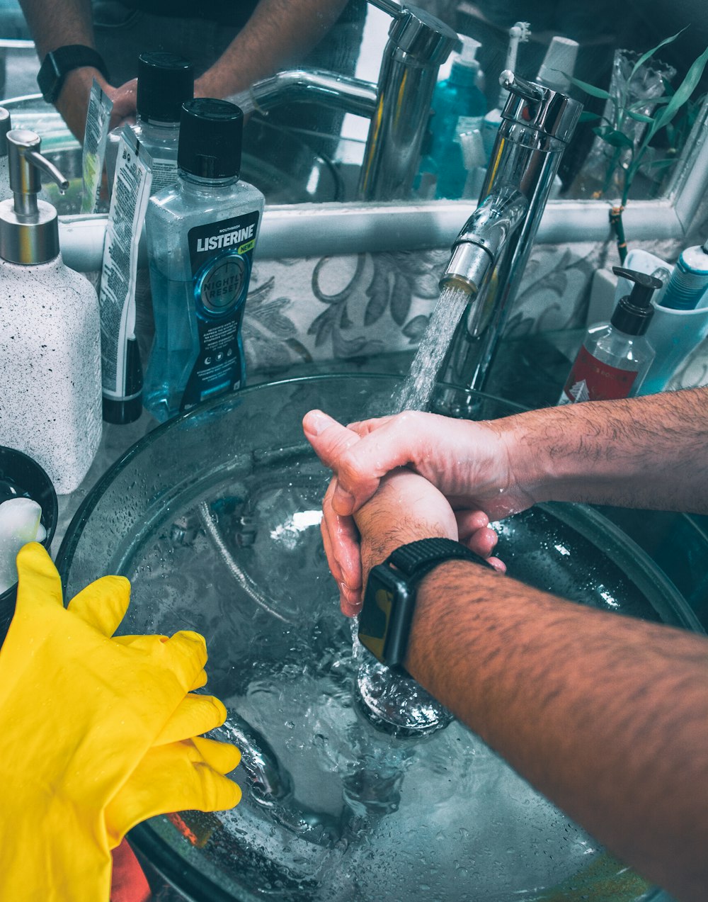 person holding yellow flower near stainless steel sink