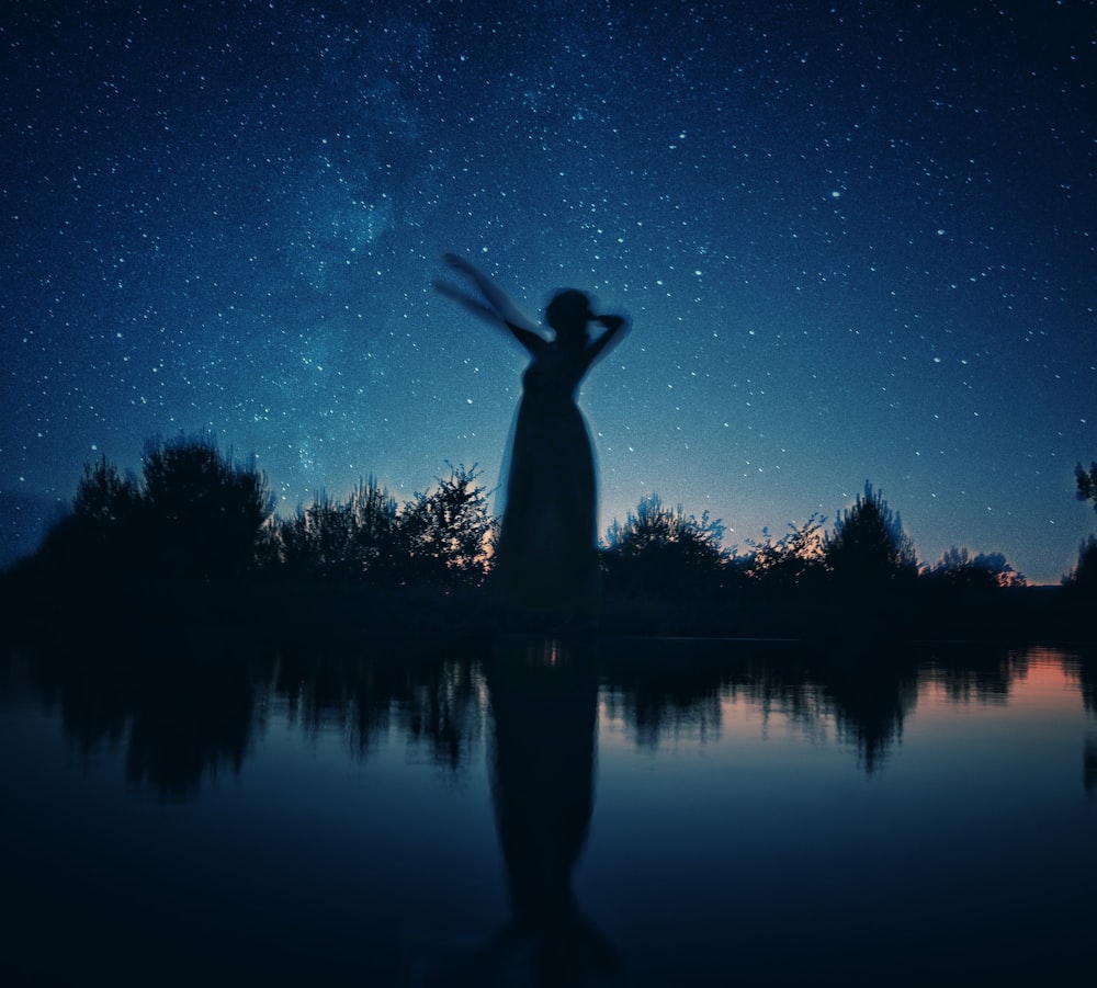silhouette de femme debout sur le rocher près du plan d’eau pendant la nuit