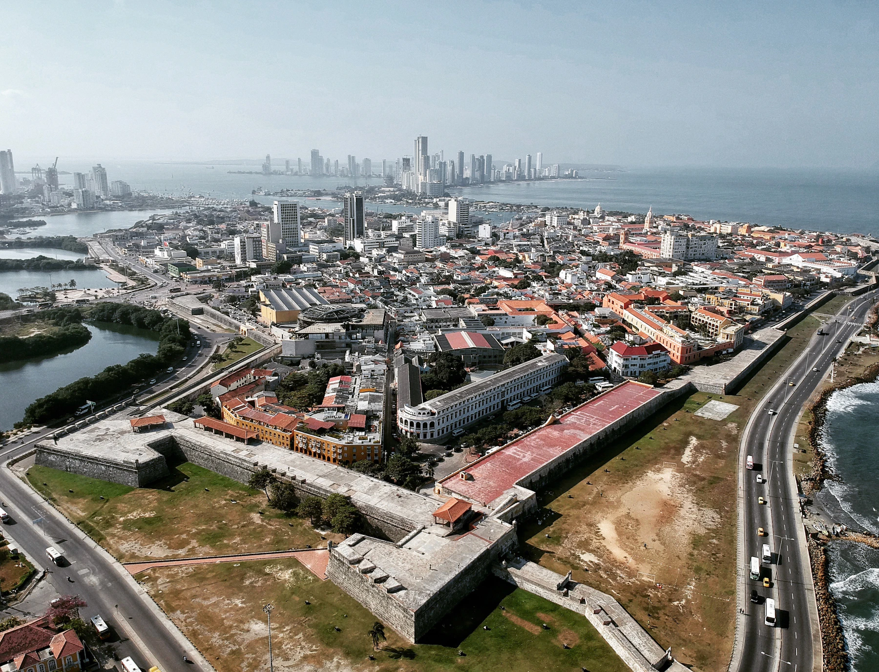 The walled city of Cartagena seen from above with Bocagrande and the Caribbean beyond