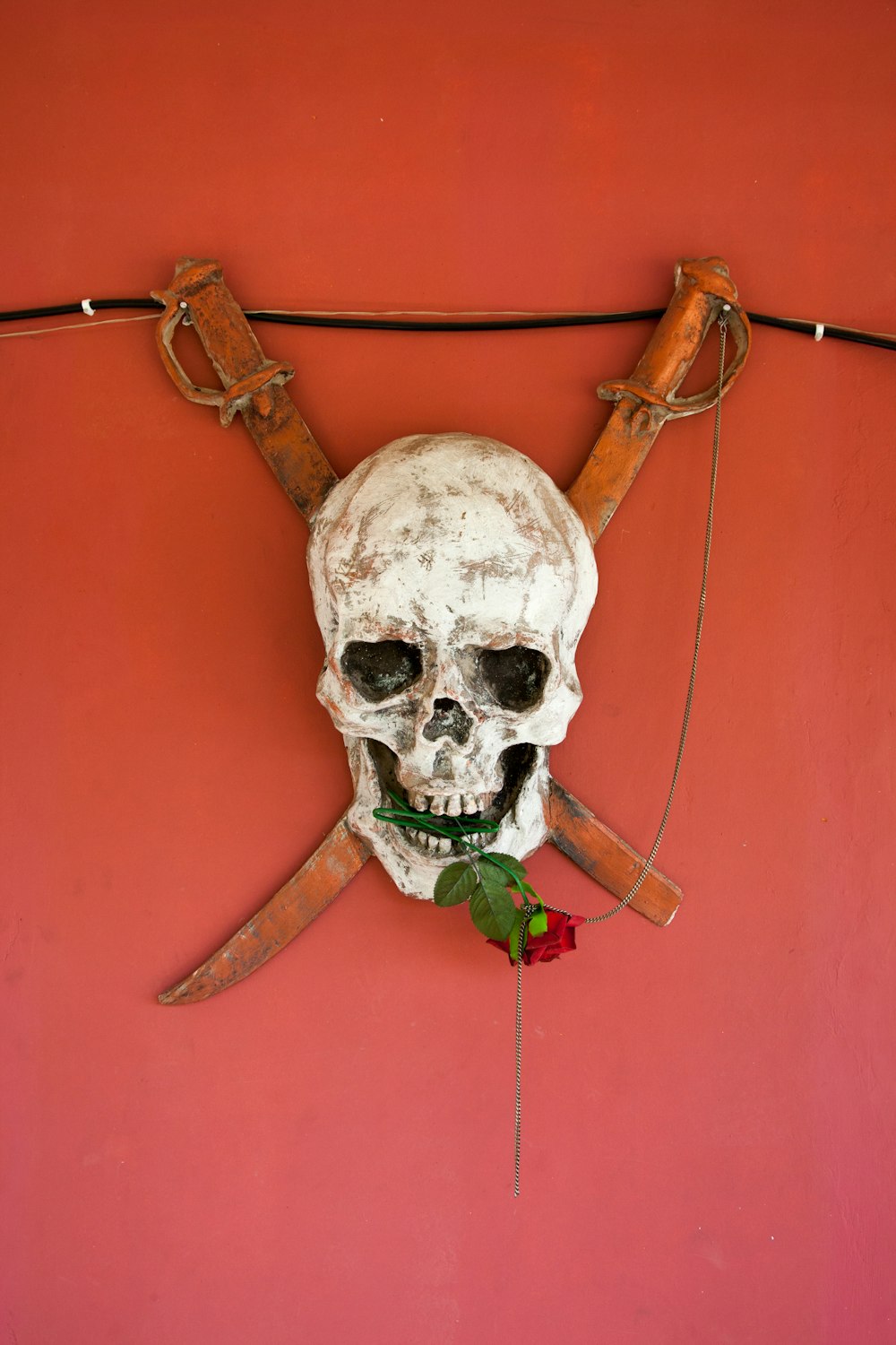 white skull on red wall