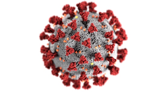 A highly detailed and magnified 3D rendering of a virus particle. The surface is spherical and covered in red spike proteins protruding from a grey core, with small orange and yellow elements scattered across.