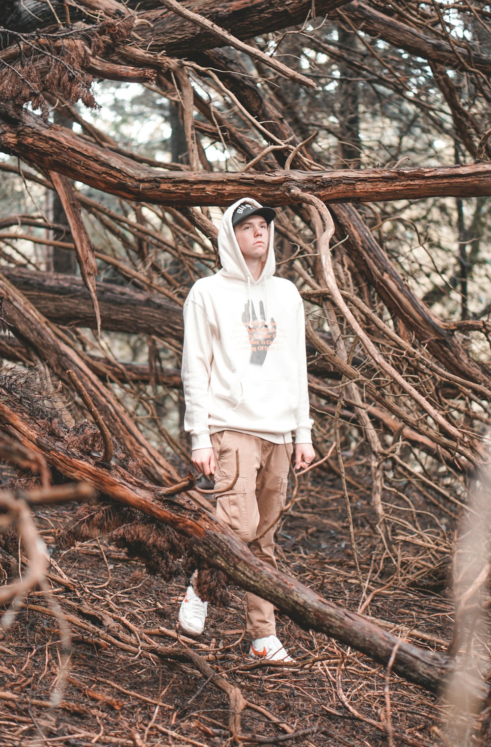 woman in white hoodie standing on brown tree branches