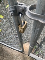 A secure garden gate with electric locking system at dusk.