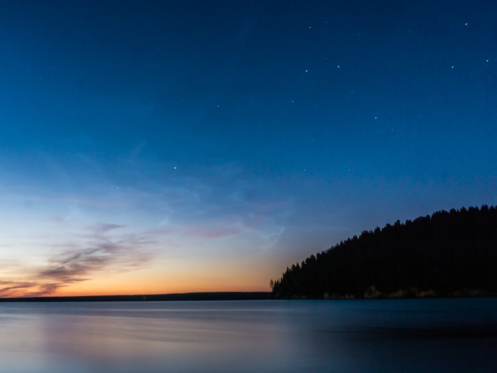 body of water near trees during sunset