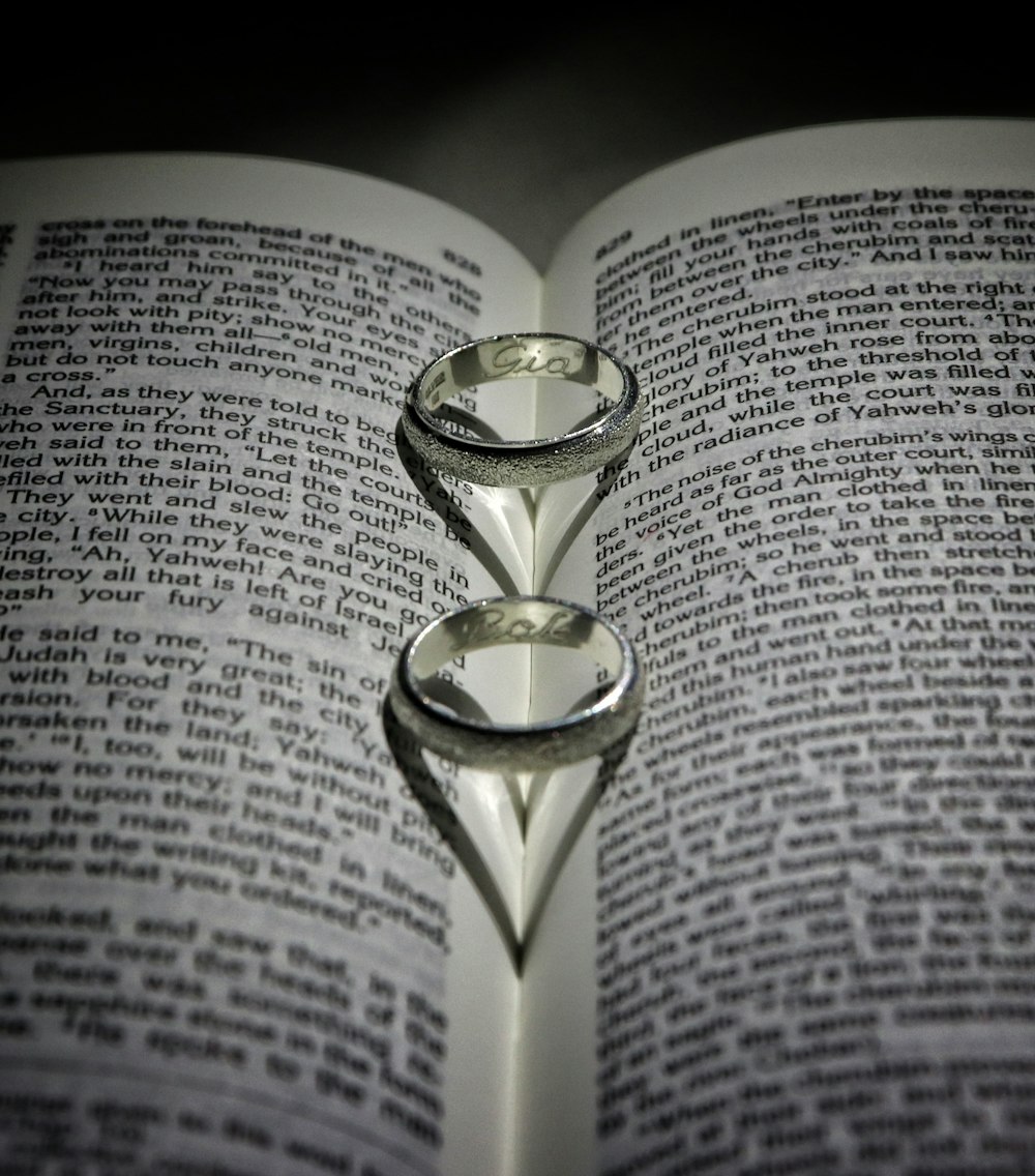 gold wedding band on book page