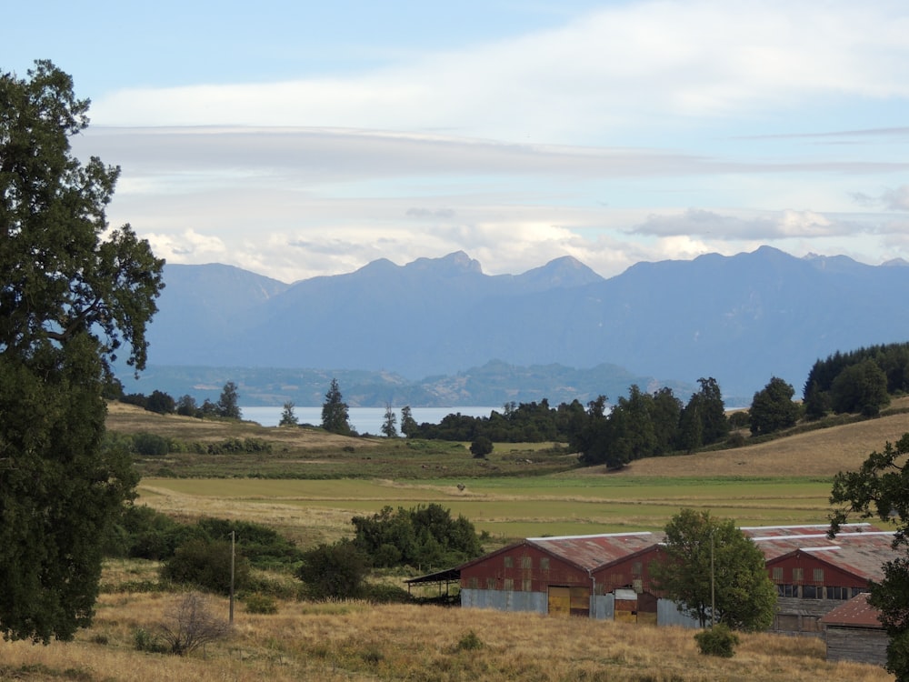 brown wooden house on green grass field near mountains under white clouds during daytime