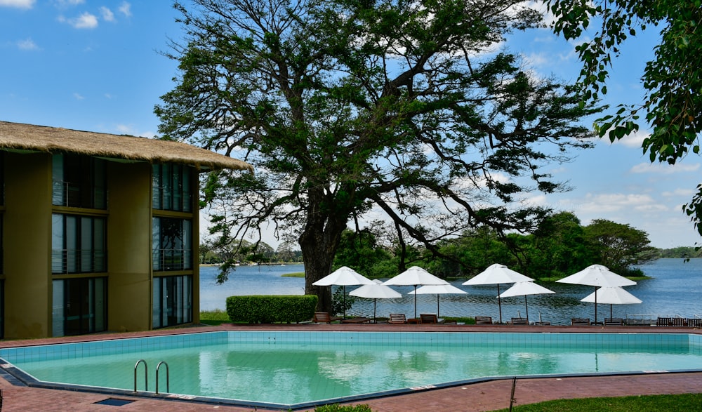 a large swimming pool next to a lush green field