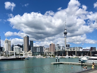 A bustling cityscape with modern high-rise buildings overlooks a marina filled with boats and yachts. The iconic tower stands prominently among the skyscrapers under a bright blue sky dotted with fluffy white clouds. People are enjoying leisure activities by the waterfront.