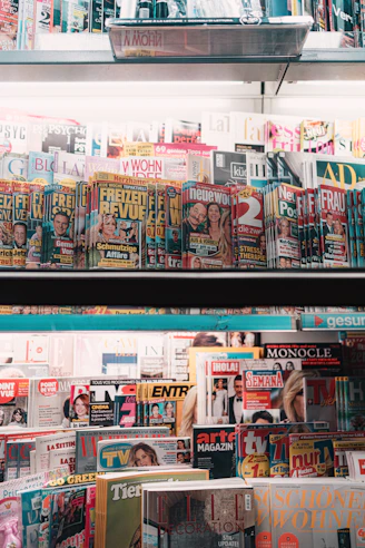 kanji text print magazine on black metal shelf