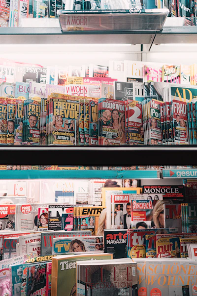 kanji text print magazine on black metal shelf