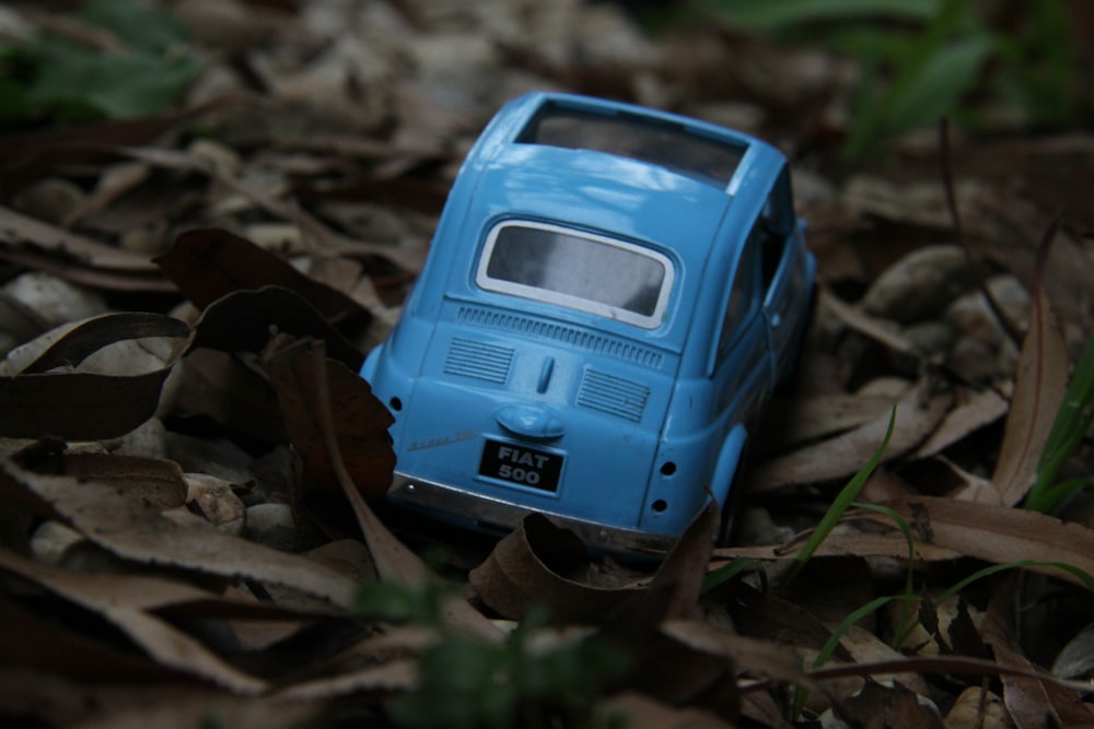 a blue toy car sitting on top of a pile of leaves
