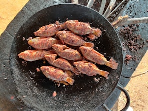 grilled meat on black pan