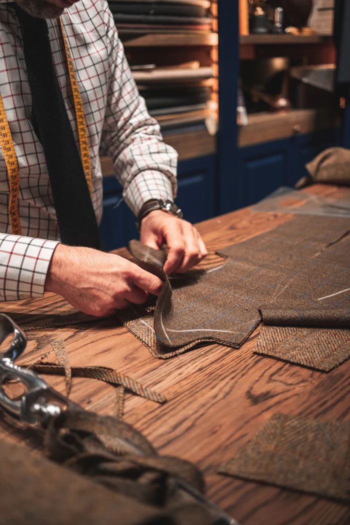 A tailor cutting cloth on a workbench.