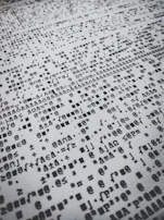 Monochrome high-contrast image of algorithmic code fragments in a chaotic overlay.