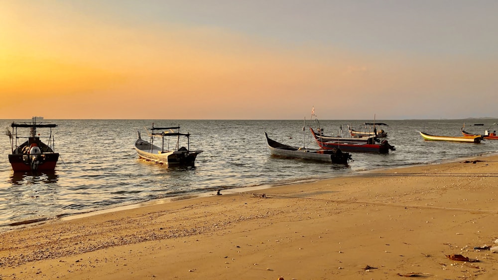 red and white boat on sea shore during sunset