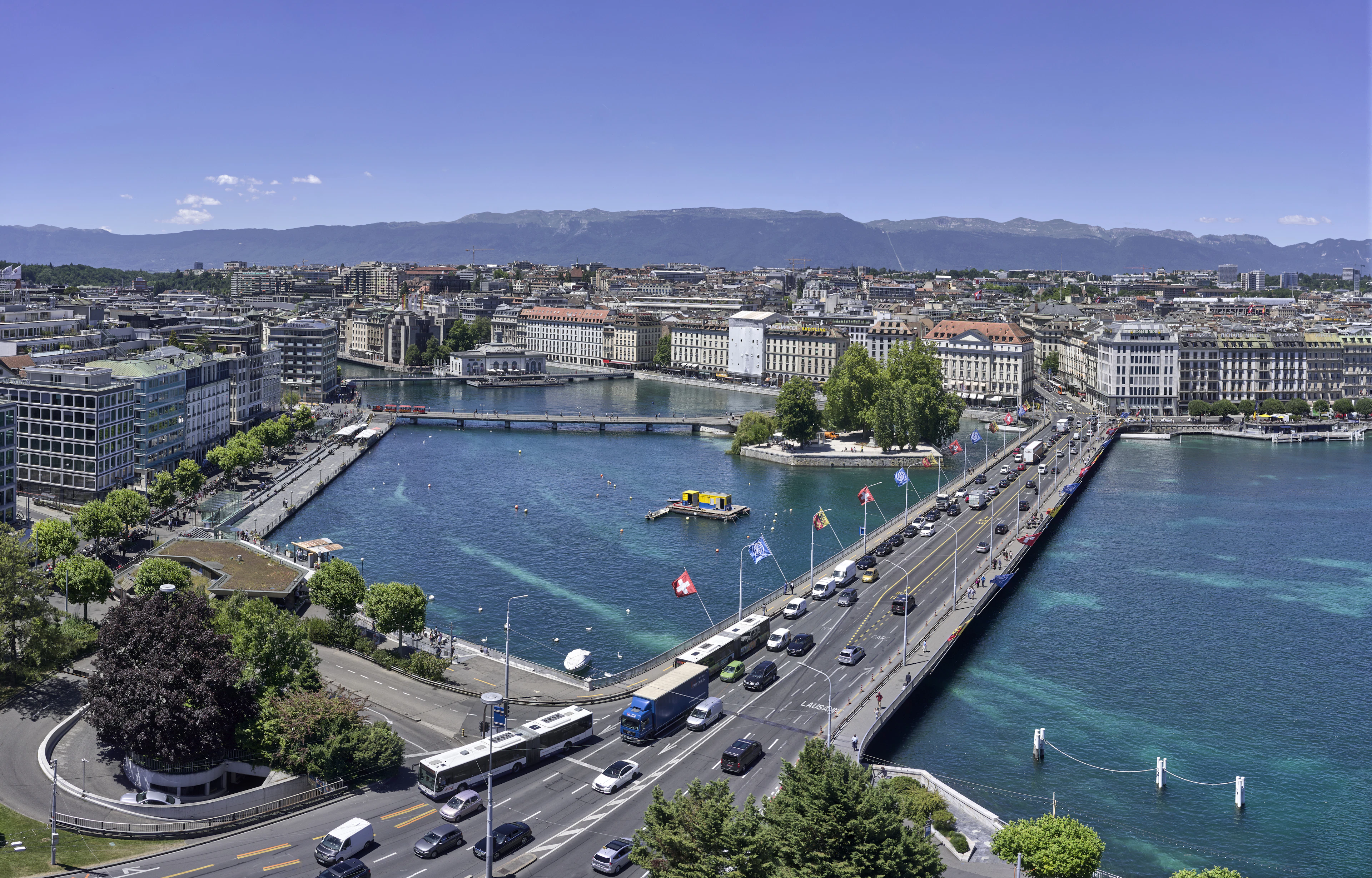 Aerial view of Geneva's Mont Blanc bridge where the Rhone meets Lake Geneva