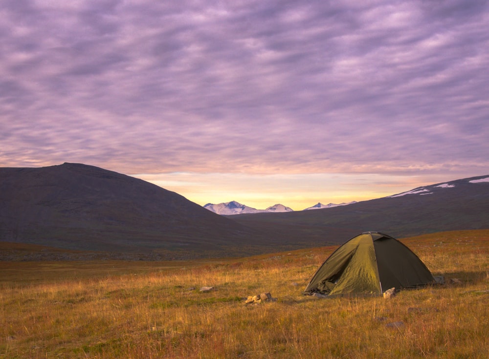 gray tent on green grass field under gray cloudy sky