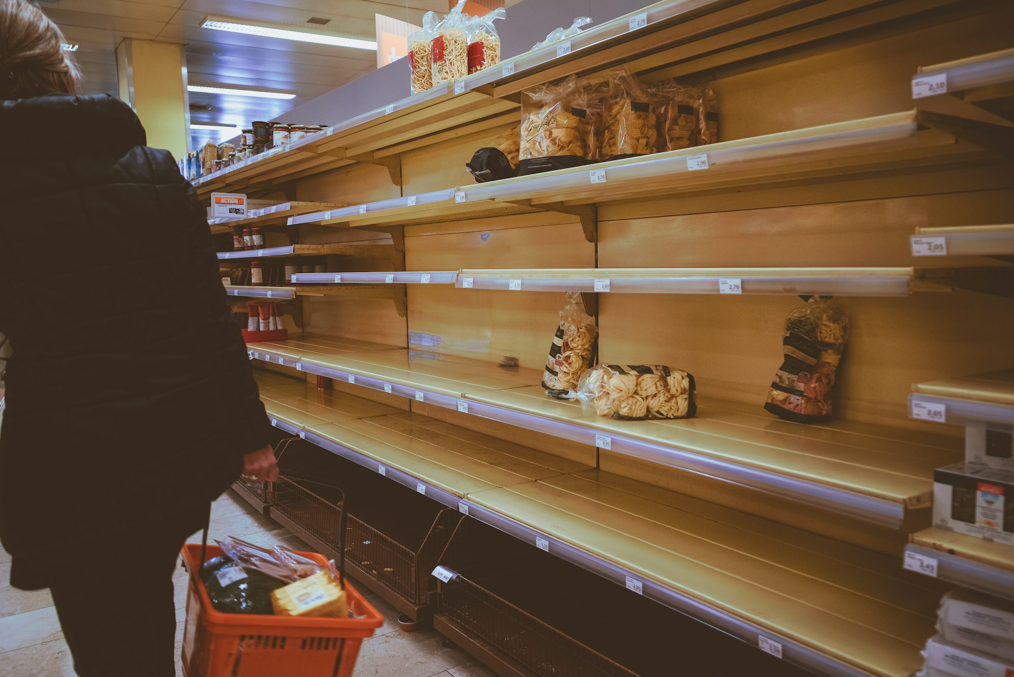 Empty shelfs in a swiss food store, because of the coronavirus crisis.