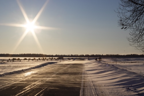 A freshly cleared driveway after snow removal on a bright winter morning.